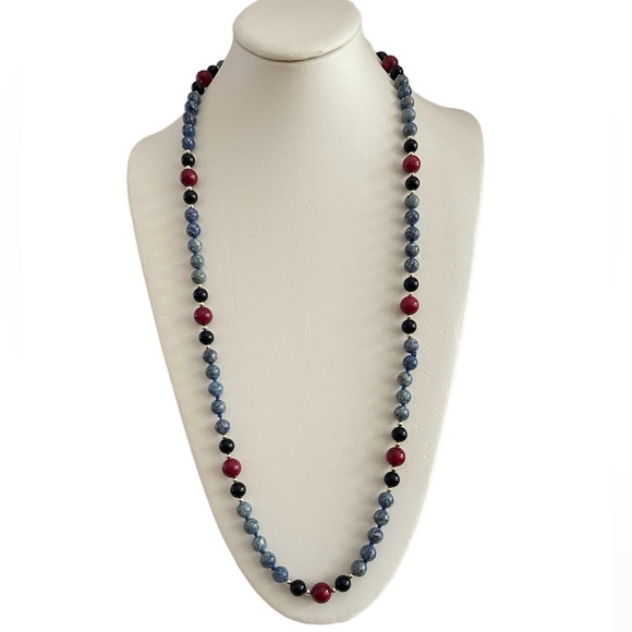 Multi gem jasper onyx gold tone spacer bead long necklace - Picture 2 of 4